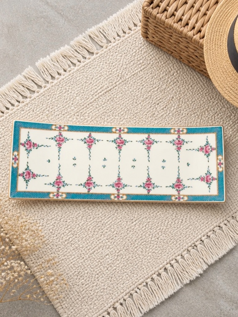 Mintons England Bass Rectangular Floral Vanity Tray - Teal & Pink